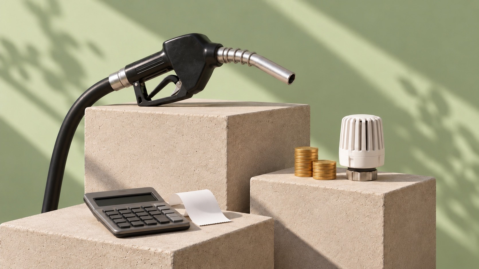 A petrol pump nozzle, stacks of coins, a radiator valve and a calculator on concrete blocks against a sage green wall