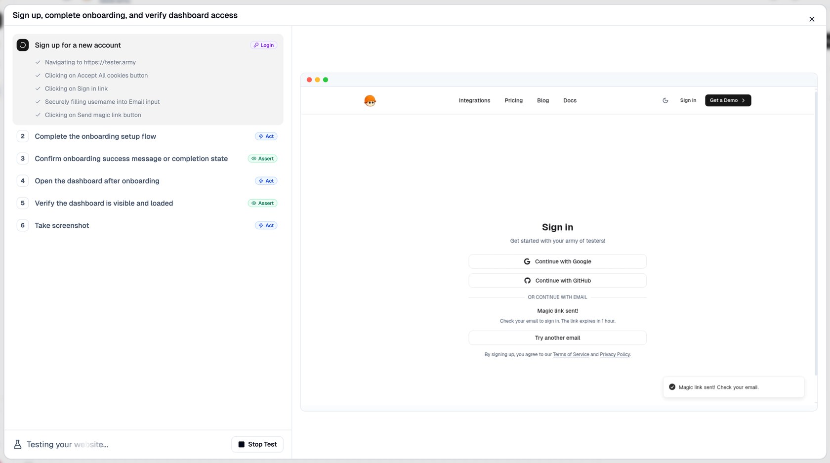 TesterArmy test run with the checklist of sign-up and onboarding steps on the left and the browser recording on the right
