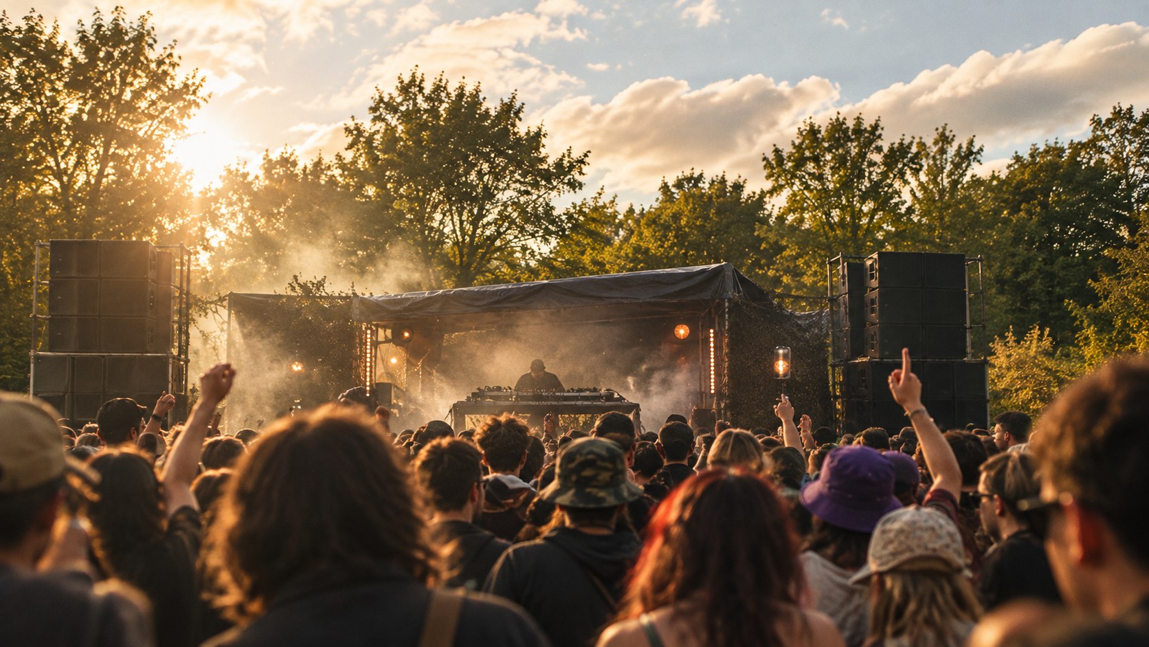 Illustrative small outdoor dance festival with a DJ and a close crowd; generated from GemFest and Pexels photographs