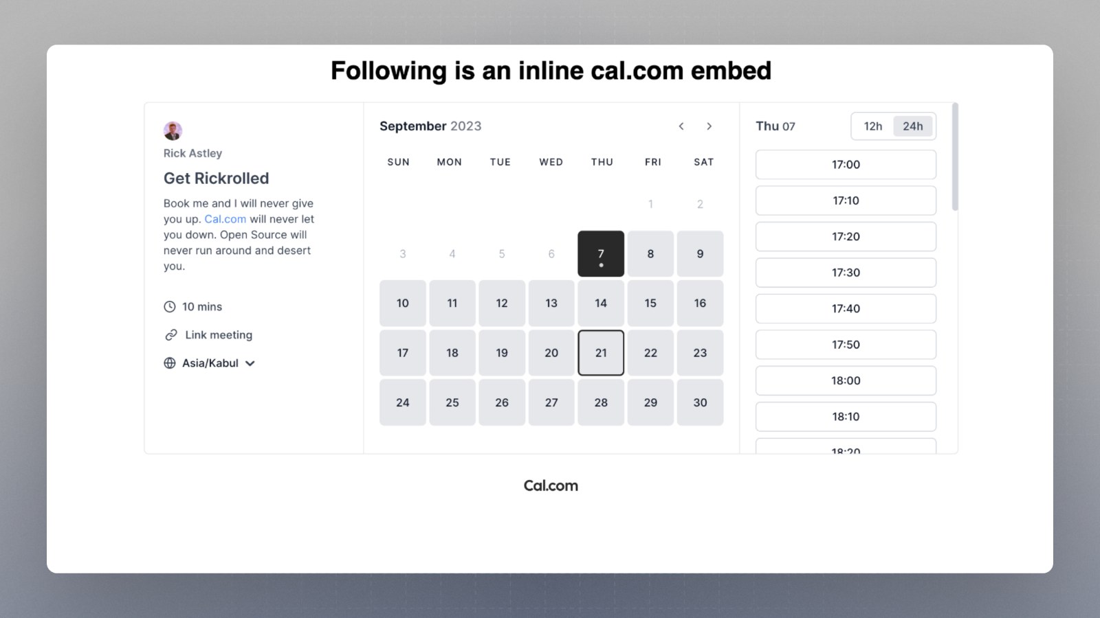 Cal.com booking page embedded inline on a website, with event details, a month calendar and a list of available times