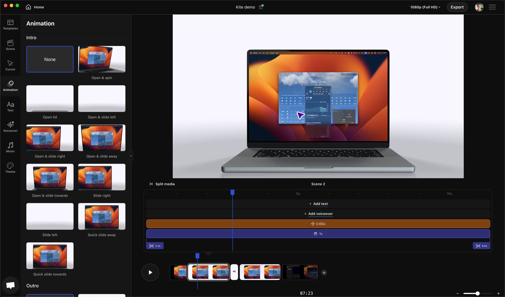Kite editor with an Animation panel of intro styles on the left, a MacBook mockup in the preview and a timeline of scenes below