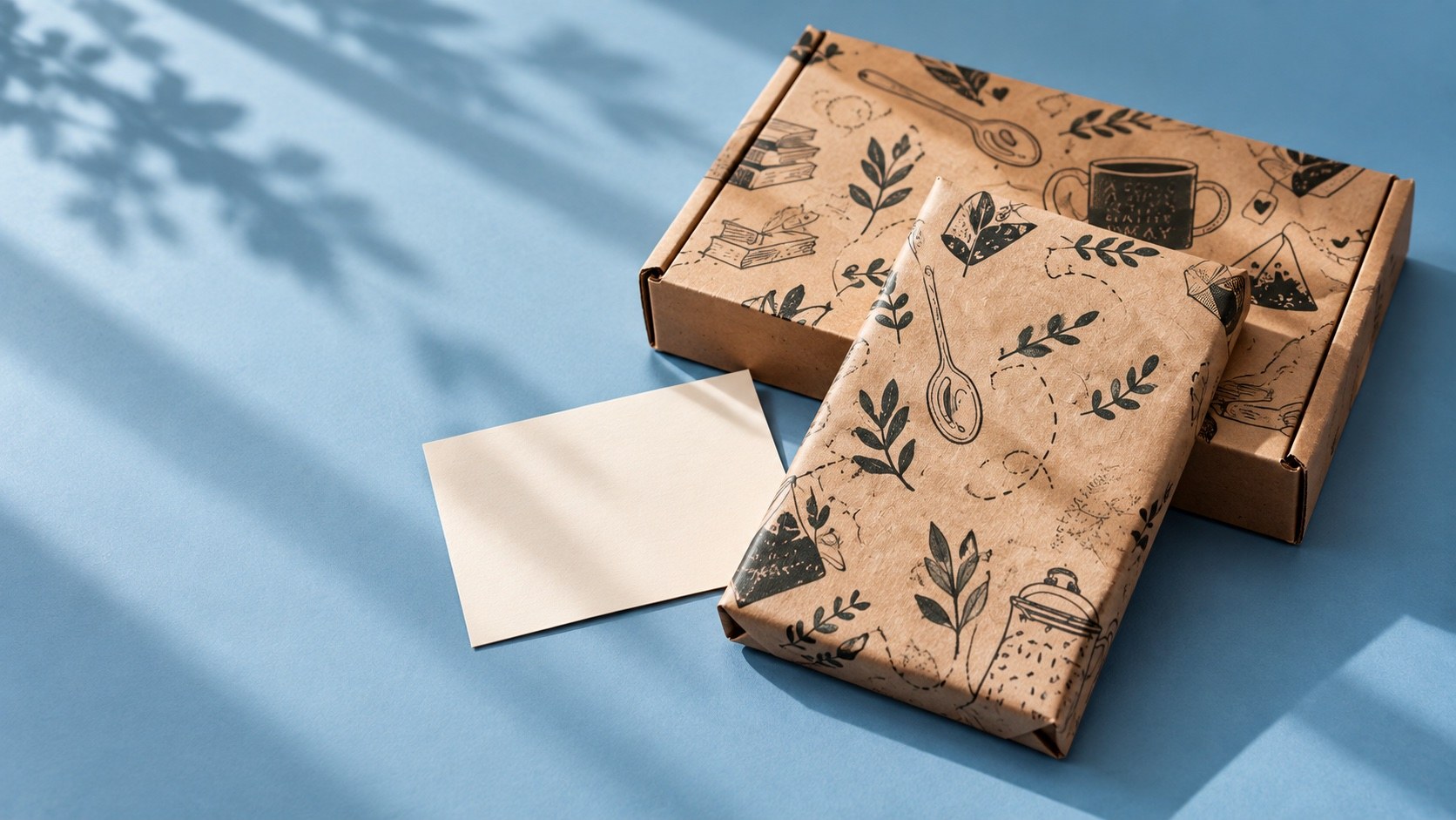 A kraft-wrapped book parcel, slim gift box and blank note card on a blue tabletop