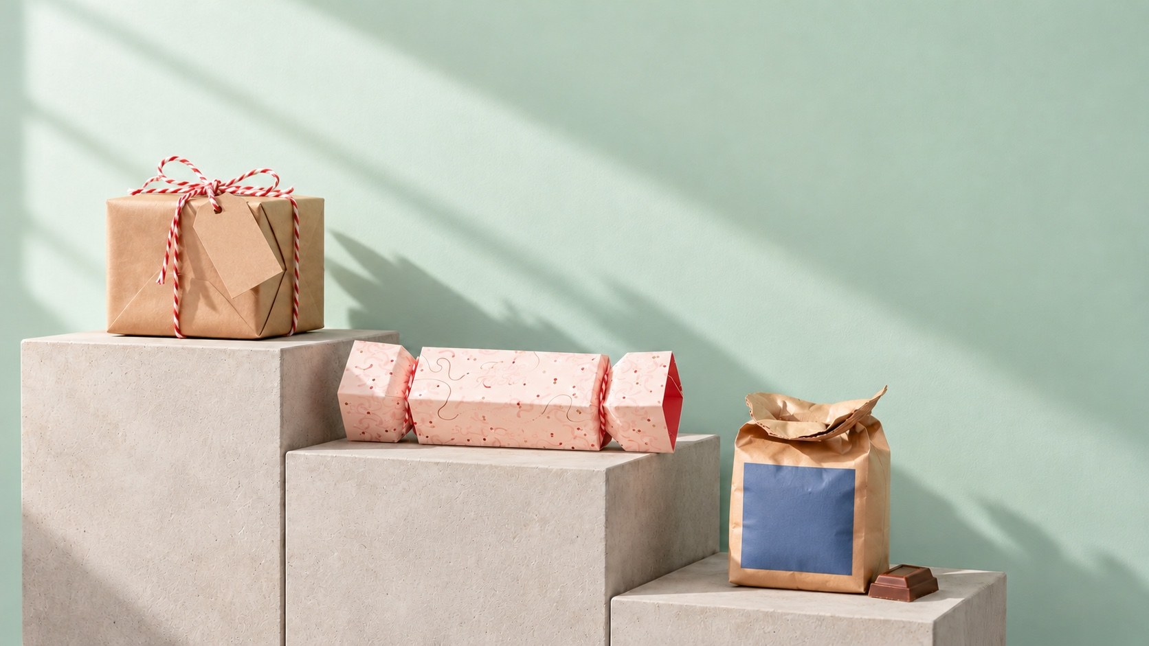 A kraft-paper parcel tied with red and white twine, a pink cracker-shaped gift box and a paper bag of hot chocolate on stepped concrete blocks against a mint green wall