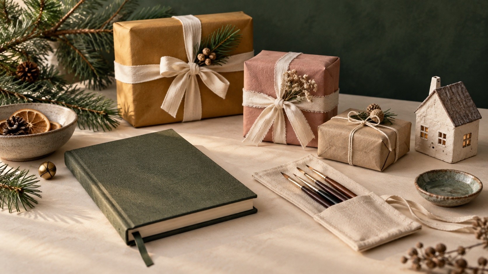 Wrapped gifts, a notebook and painting brushes on a festive table