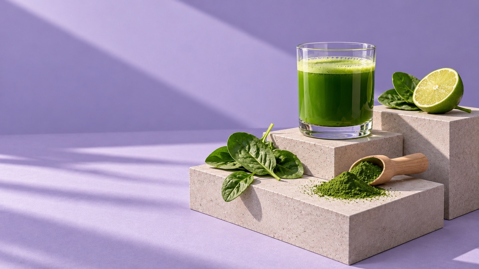 A glass of green drink, a mound of green powder with a wooden scoop, spinach leaves and a halved lime on concrete blocks against a periwinkle backdrop