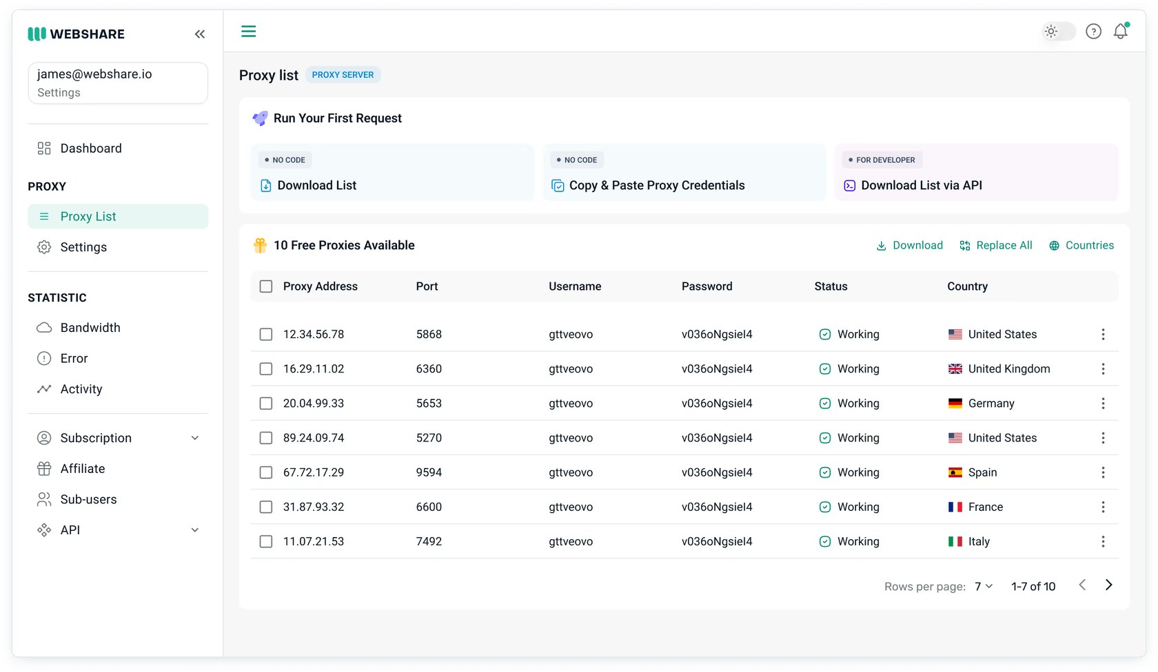 Webshare dashboard proxy list showing free proxies with address, port, username, password, working status and country, plus download, replace all and countries buttons