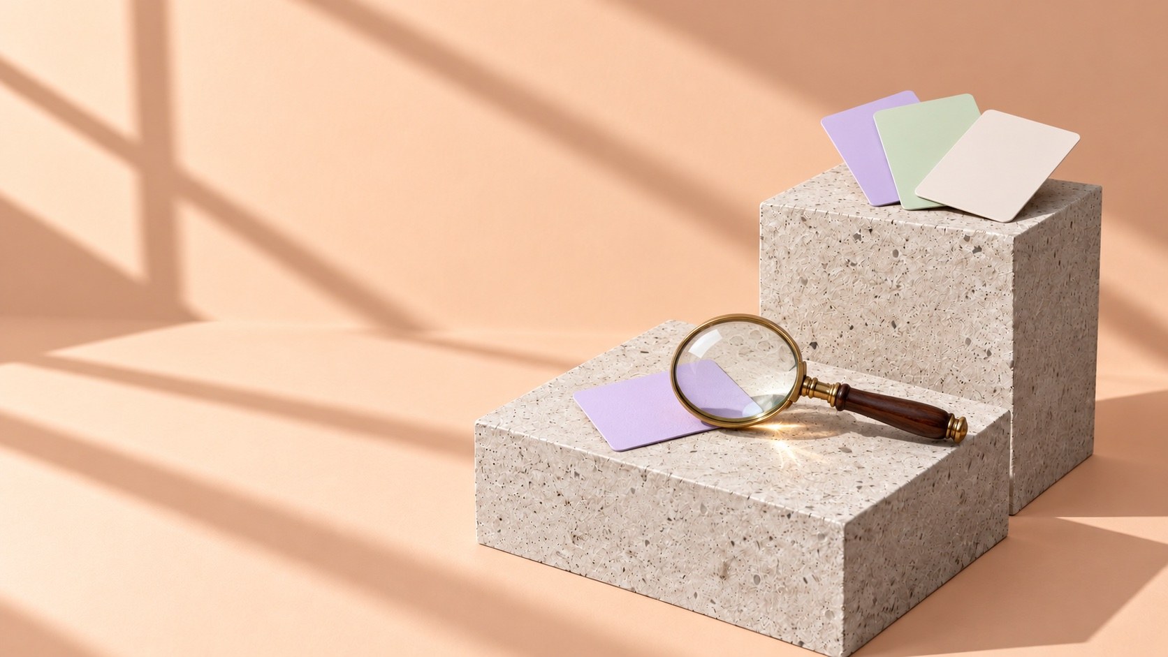 Three blank cards fanned on a terrazzo block, with a brass magnifying glass over a fourth card on a lower block, against a pale apricot wall