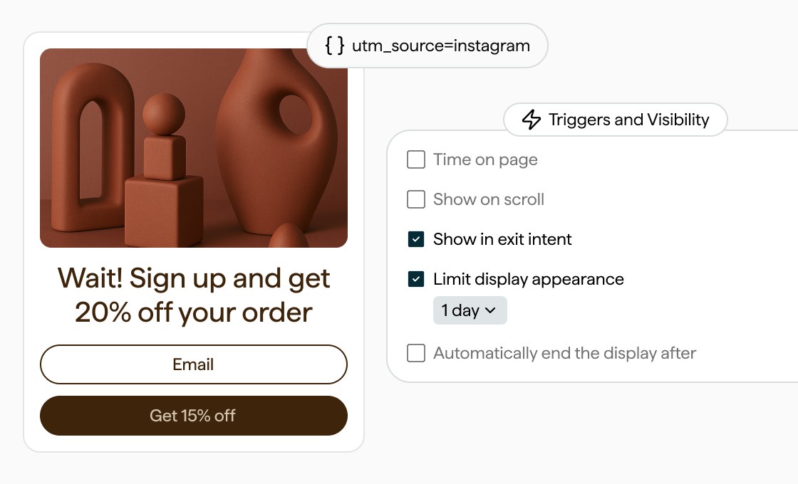 Privy pop-up offering 20% off for an email sign-up beside its trigger settings for exit intent and display frequency