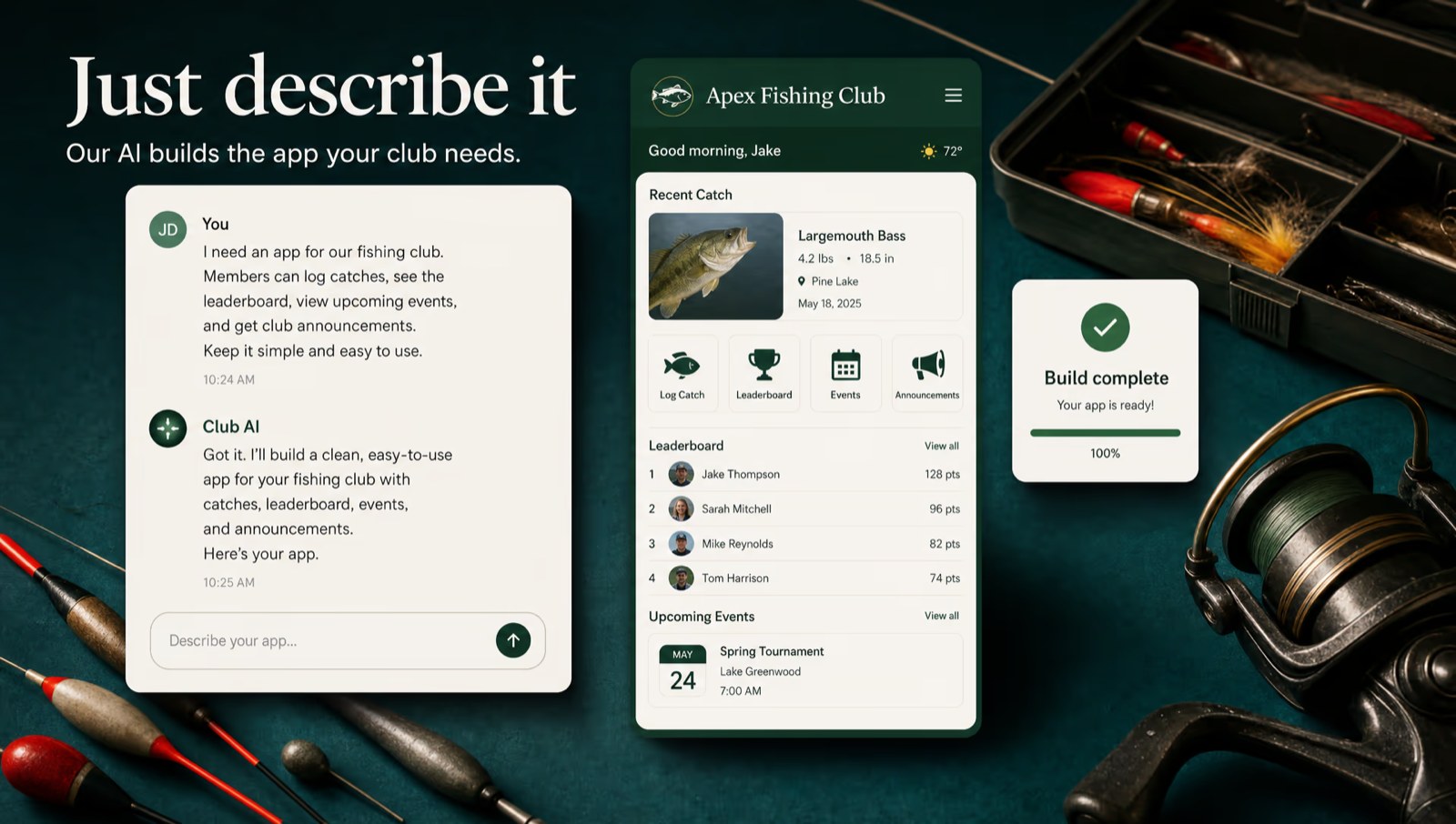 whacka chat where a user asks for a fishing club app, beside the generated app with a leaderboard and a Build complete message