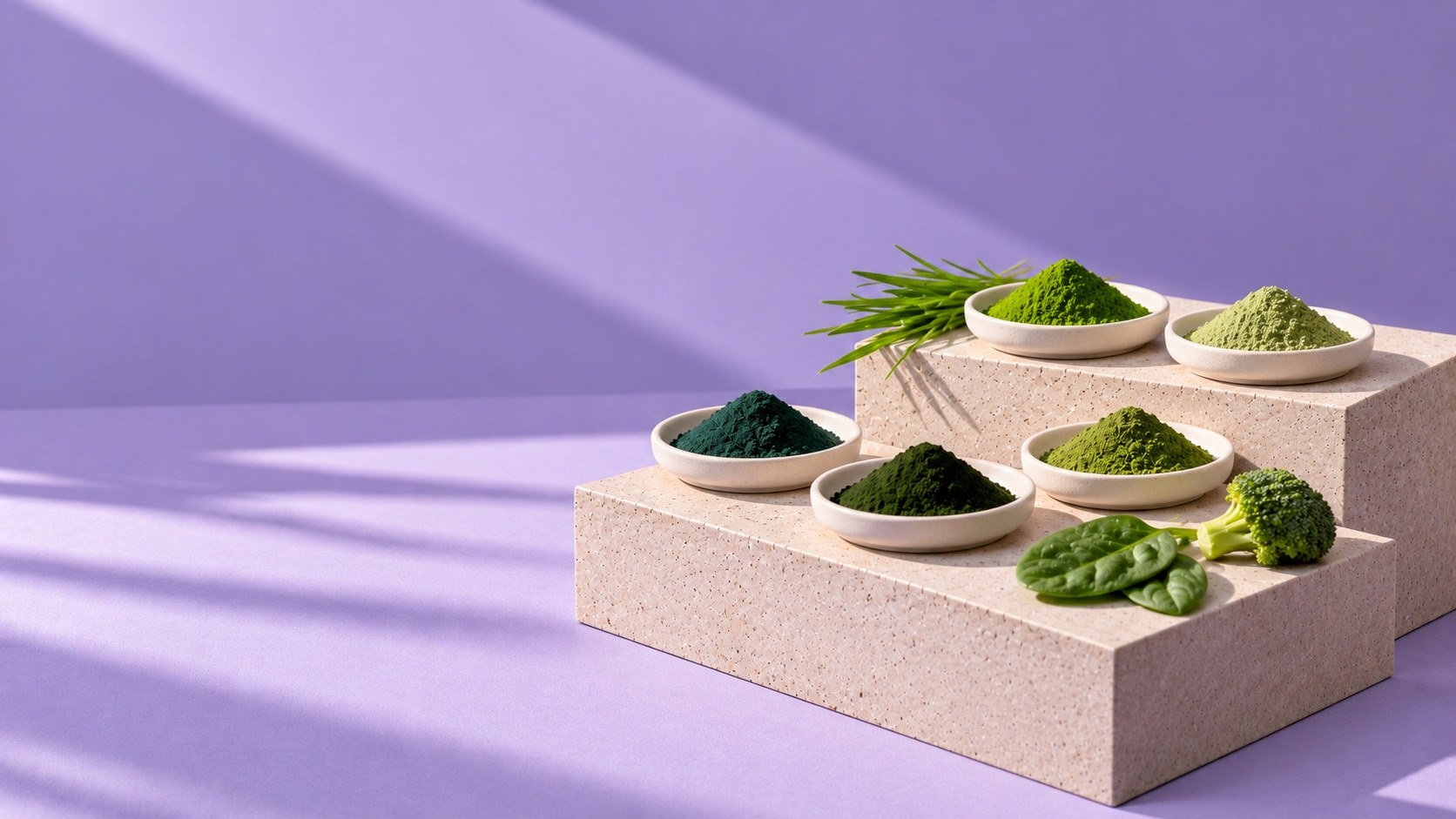 Five small white dishes of green powders on concrete blocks, with a sprig of wheatgrass, spinach leaves and a broccoli floret