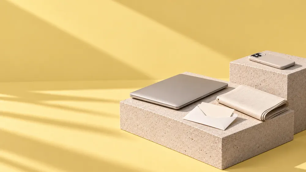A closed laptop, a phone and an envelope on butter yellow