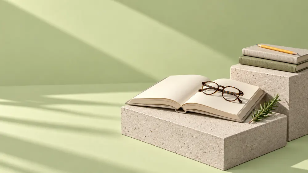 An open notebook and reading glasses on pale green