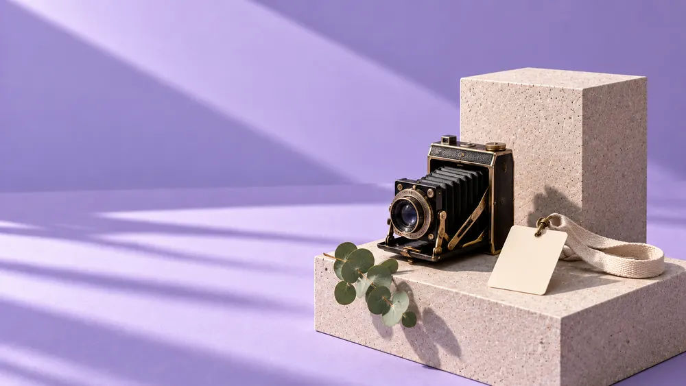 A vintage press camera and a blank press pass on lavender