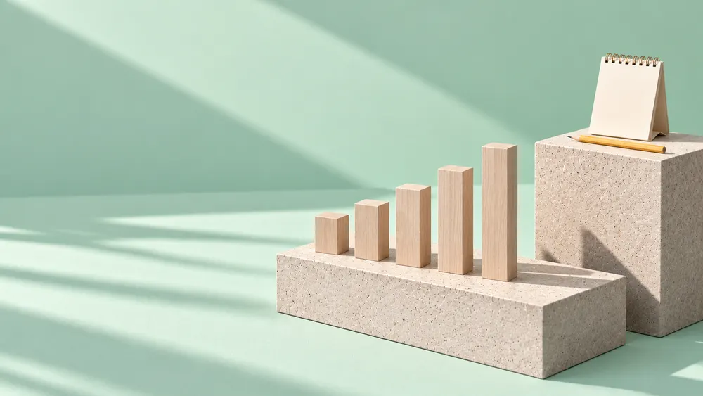 Wooden blocks rising like a bar chart on mint