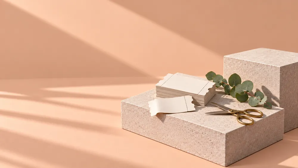 Blank vouchers and scissors on concrete blocks, on peach