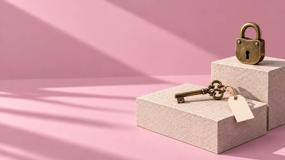 A brass padlock and key on dusty pink