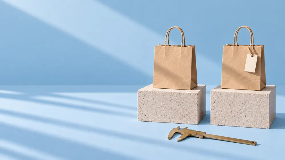 Two kraft shopping bags on concrete blocks on sky blue