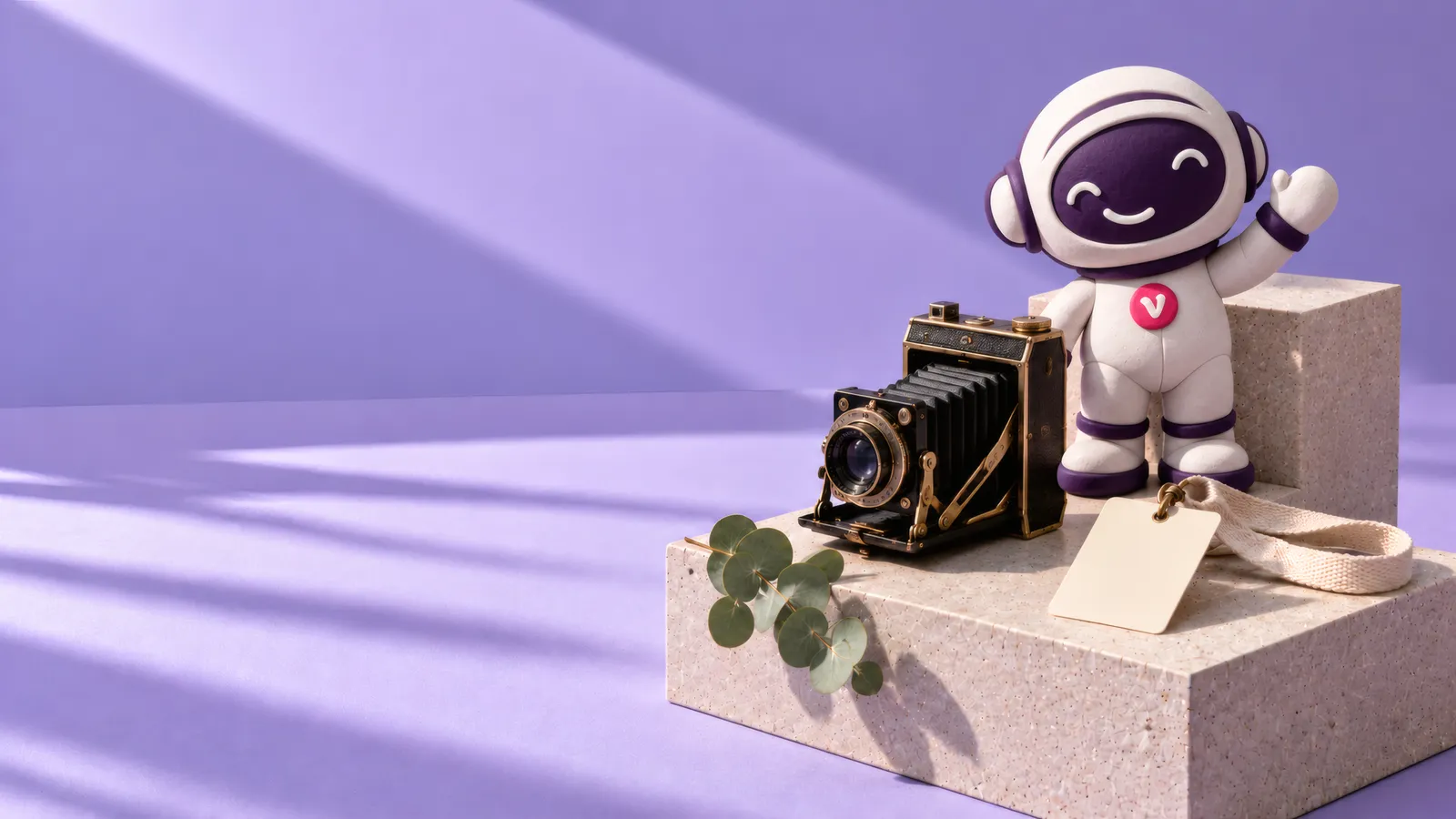 Vinny the Vouchernaut waving from a concrete block beside a vintage press camera, on lavender