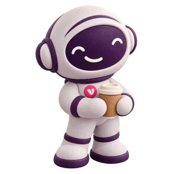 Vinny the Vouchernaut, with a coffee