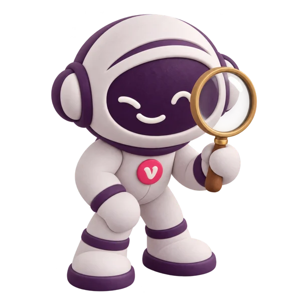 Vinny the Vouchernaut, with a magnifying glass